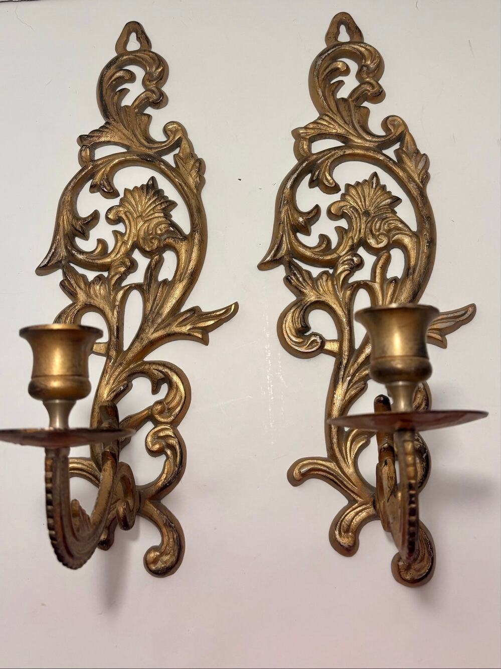 Vintage Ornate Gold Cast Iron Wall Sconces  - Pair of 15" Candle Holders